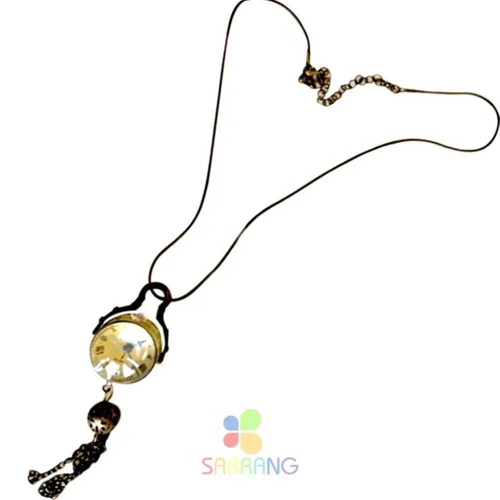 Antique Vintage Clock Watch Charm Pendant Brass plated Necklace